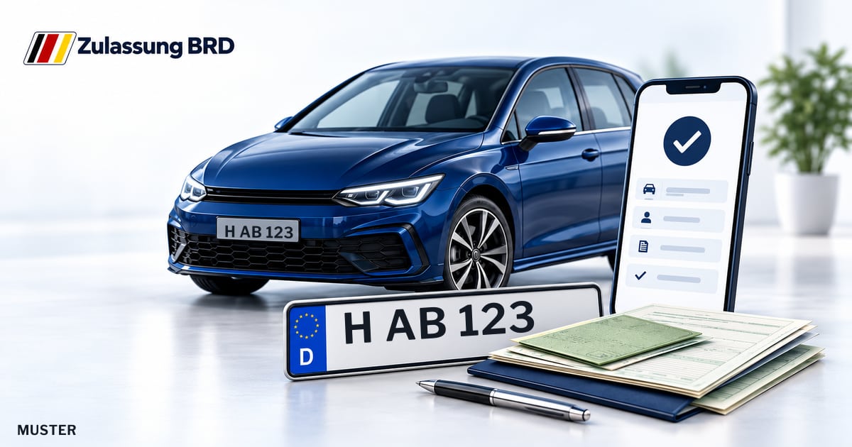 Online Fahrzeugzulassung in Burgdorf: Musterkennzeichen H AB 123, Auto und Fahrzeugpapiere und Smartphone. Illustration mit Logo von Zulassung BRD.